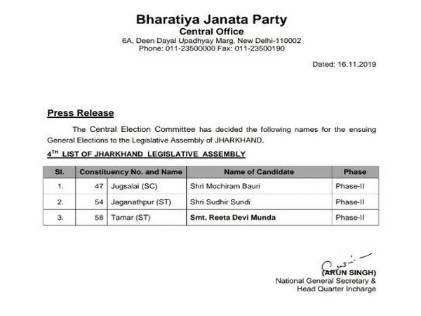 BJP releases fourth list of three candidates for Jharkhand Legislative Assembly elections