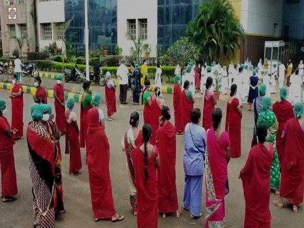 Staff stage a protest at BIMS hospital, Belgaum. [Photo/ANI]