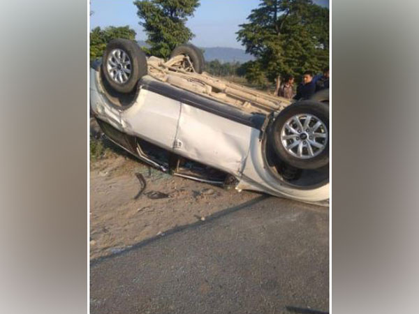 Overturned car of BJP MP Tirath Singh Rawat. Photo/ANI