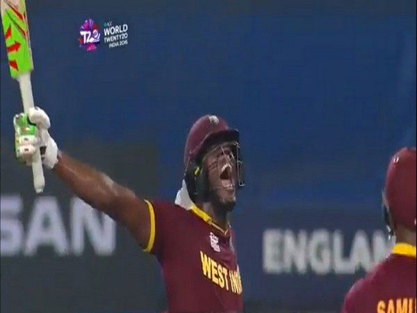 Carlos Brathwaite celebrating after hitting the winning six. (Photo/ICC Twitter)