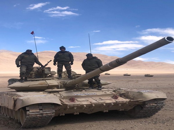 Indian Army T-90 tank deployed near the LAC in Chumar-Demchok area in Eastern Ladakh. [Photo/ANI]