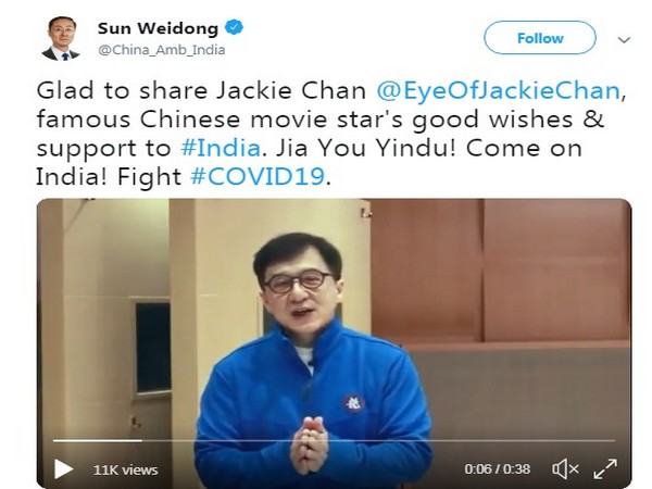Video message of Chinese movie star Jackie Chan shared by Chinese Ambassador to India, Sun Weidong on Tuesday.