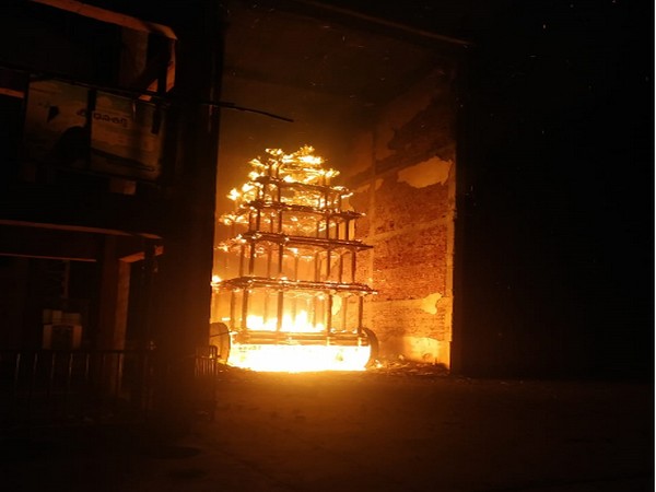 A chariot caught fire at Sri Lakshmi Narasimha Swamy temple in East Godavari district on Sunday. (Photo/ANI)