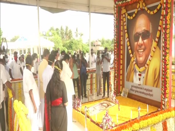 DMK President MK Stalin paid tribute to former CM M Karunanidhi on his second death anniversary on Friday. (Photo/ANI)