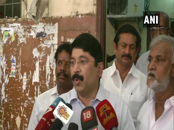 DMK leader MP Dayanidhi Maran talking to reporters in Chennai on Sunday. Photo/ANI