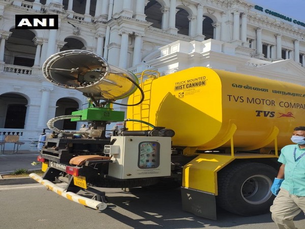 Chennai Corporation uses electrostatic spray machines in containment zones of city on Wednesday. Photo/ANI