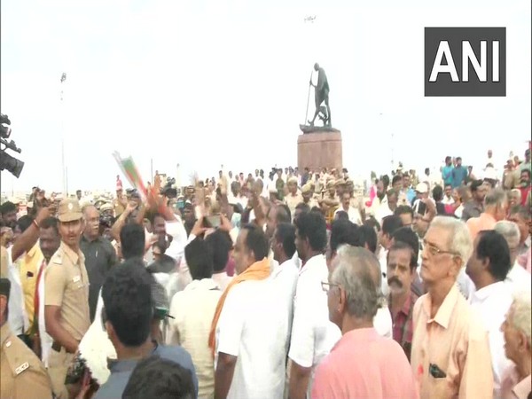 Visual from the protest carried out by BJP workers in Marina Beach in Chennai on Wednesday. Photo/ANI