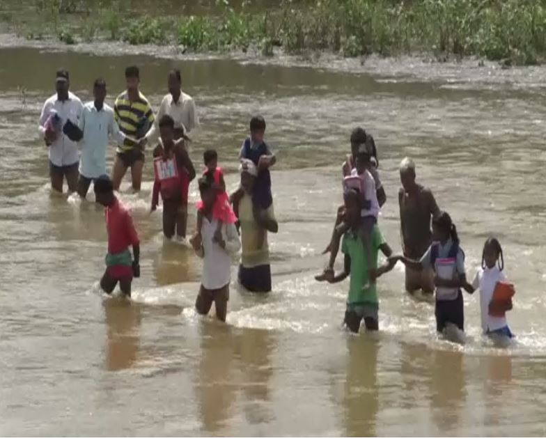 Parents carrying their children on shoulders to drop them to school [Photo/ANI]