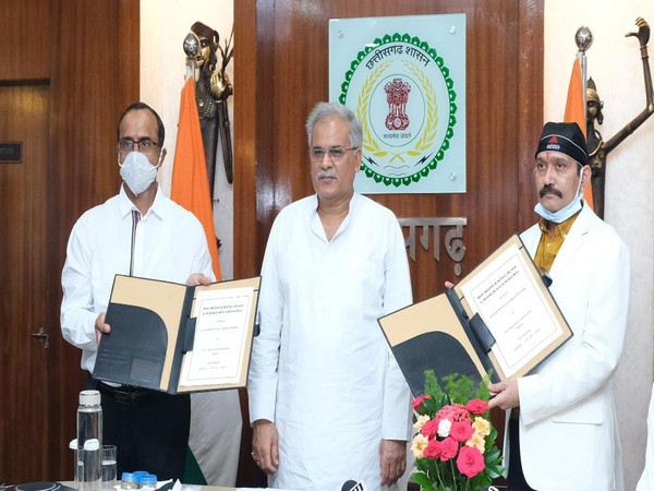 Visuals of Chhattisgarh Chief Minister Bhupesh Baghel addressing a program at his residence office
