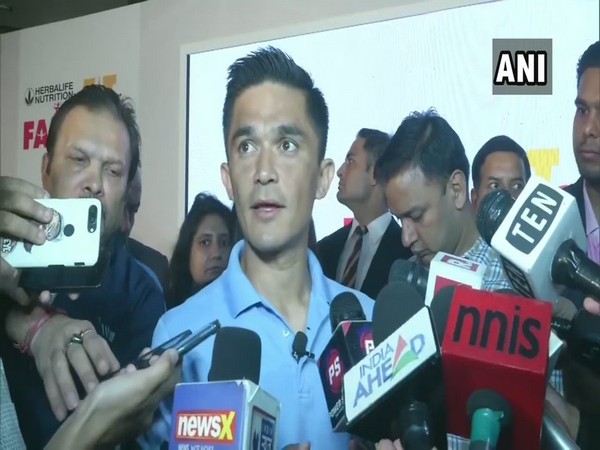 Sunil Chhetri talking to media persons in New Delhi on Wednesday. Photo/ANI
