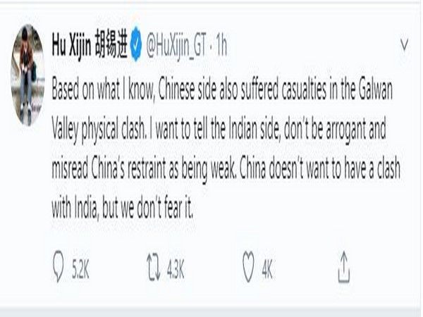 Screenshot of tweet posted by Hu Xijin, Editor-in-Chief of Global Times.