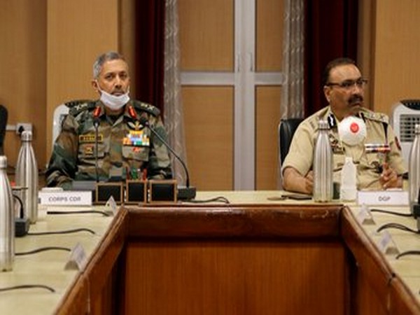 Chinar Corps Commander Lt Gen BS Raju and J-K DGP Dilbag Singh during the Core Group meeting in Srinagar on Saturday. Photo/ANI