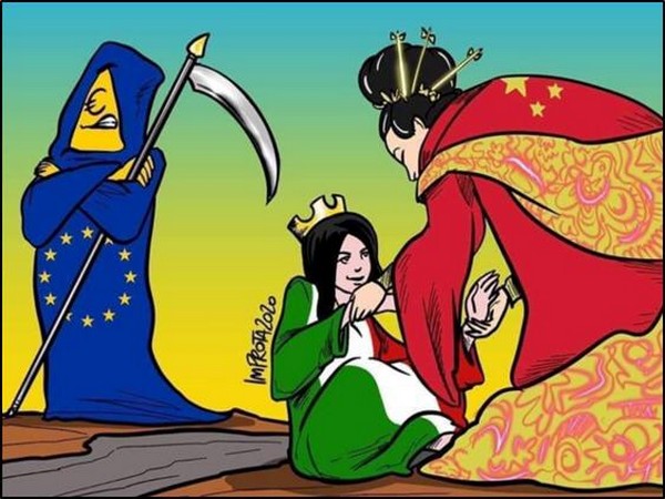 The cartoon shows a suffering Italy receiving assistance from China while the EU stands callously aloof. (Source - Facebook)