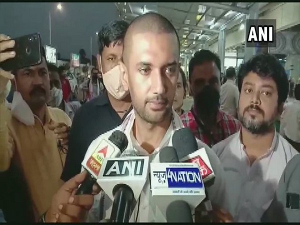 LJP chief Chirag Paswan talking to reporters on Monday. Photo/ANI