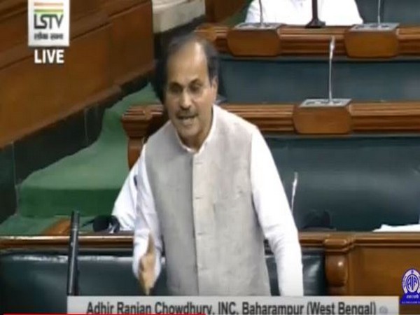 Congress leader in Lok Sabha Adhir Ranjan Chowdhury speaking in the Lower House on Monday. Photo/LSTV