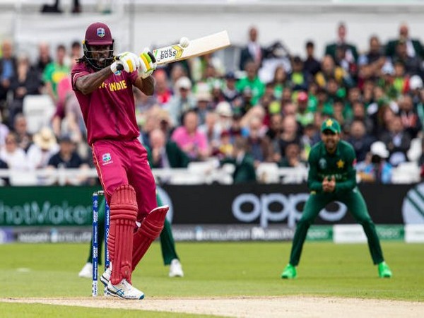 West Indies batsman Chris Gayle playing a shot during World Cup clash against Pakistan on Friday. (Photo/ West Indies Twitter)