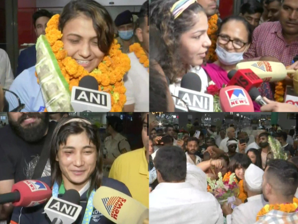 Visual of people welcoming Indian wrestlers at  Delhi Airport (Photo/ANI)