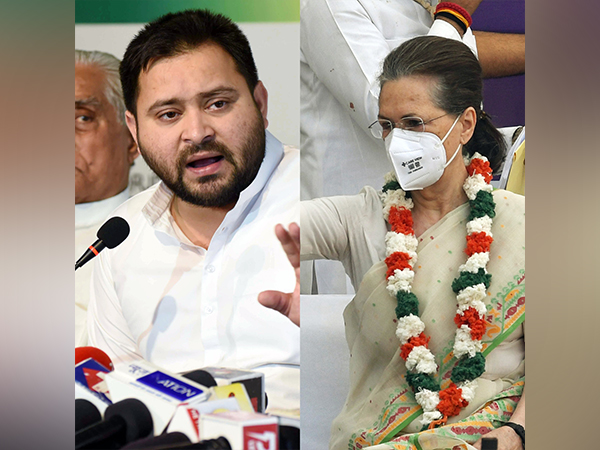 Bihar Deputy Chief Minister Tejashwi Yadav (Left), Congress interim president Sonia Gandhi (Right) (Photo:ANI)