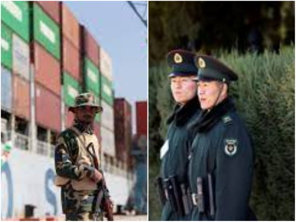 On the left is an image of China Pakistan Economic Corridor Post in Gwadar, Pakistan. Right image shows PLA soldiers (Photo Source: Reuters)