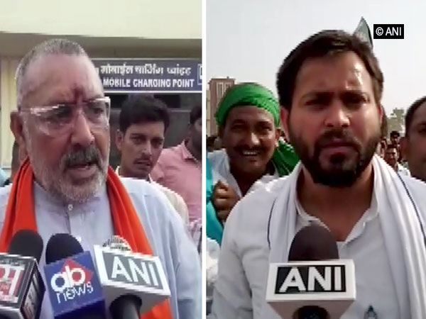 Giriraj Singh (right), Tejashwi Yadav (left) speaking to reporters on Monday. Photo/ANI