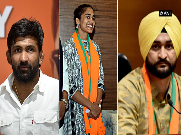 (L-R) BJP candidates Yogeshwar Dutt, Babita Kumari and Sandeep Singh. Photo/ANI