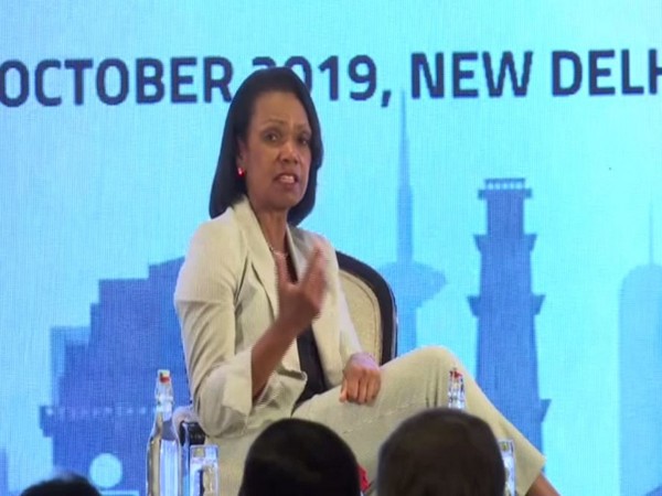 Former United States Secretary of State Condoleezza Rice in conversation with UISPF board member Purna Saggurti in New Delhi on Monday. Photo/ANI