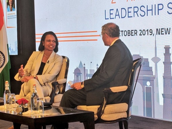Former US Secretary of State Condoleezza Rice at the second Annual India Leadership Summit in New Delhi on Monday. (Photo Source: USISPF)