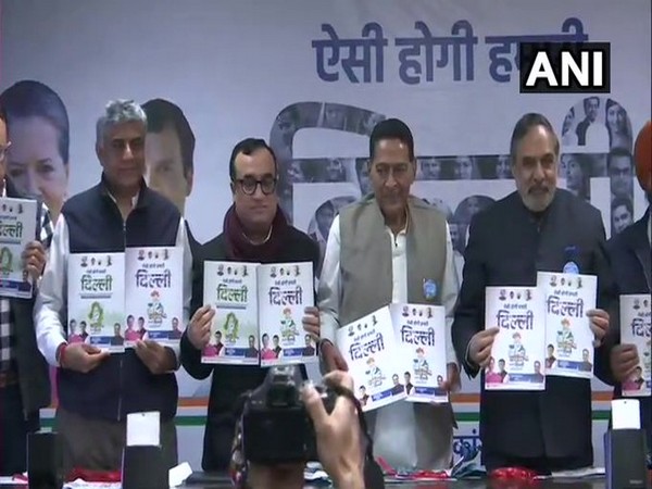Congress leaders release the party manifesto for Feb 8 Delhi assembly polls, in New Delhi on Sunday, Feb 2, 2020. Photo/ANI