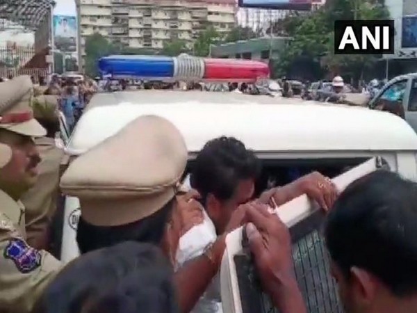 Visuals from protest near Pragati Bhavan in Hyderabad on Monday. photo/ANI