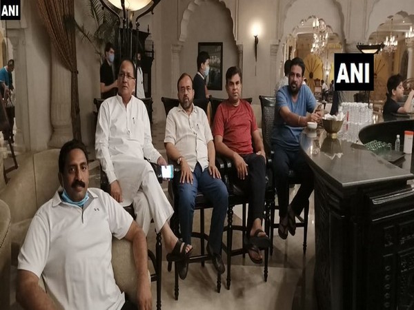 Congress MLAs watching movie 'Lagaan' at Hotel Fairmont, Jaipur on Saturday. Photo/ANI