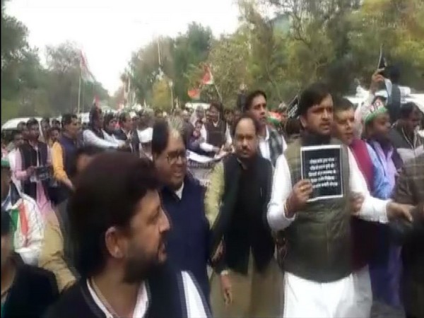 Congress workers on Monday took out march to SSP office against the murder of Gaurav Chandel. Photo/ANI