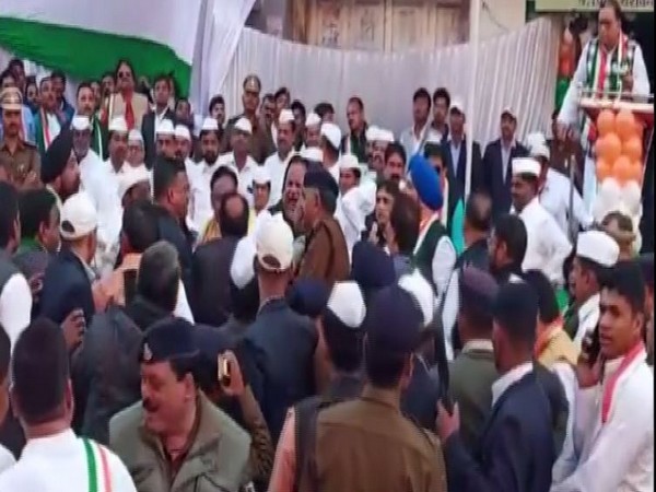 Congress leaders entered into fight during flag hoisting ceremony at party office in Indore on Sunday. (Photo/ANI)