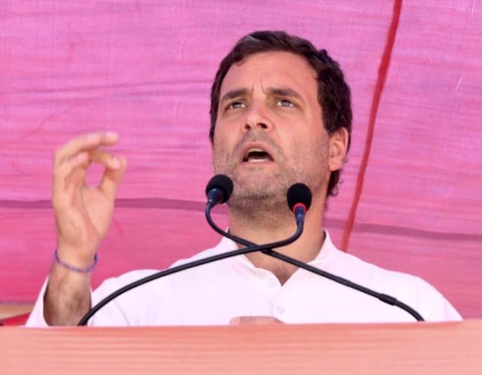 Rahul Gandhi addressing a public rally in Sriganganagar on Tuesday. (Image from Congress Twitter handle)