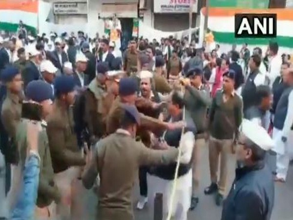 Visual from the brawl which broke out between Congress leaders on Sunday at party headquarters in Indore. Photo/ANI