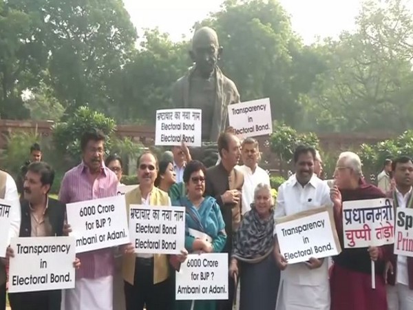 Congress MPs during protest against electoral bonds in Parliament on Friday. (Photo/ANI)