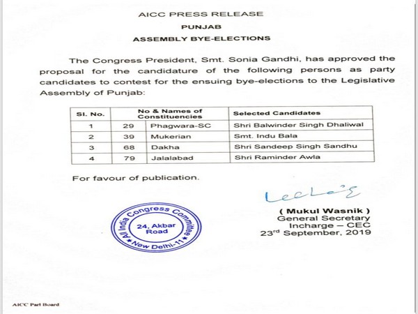 Congress party declared the names of four candidates for the upcoming assembly bye-elections in Punjab.(File Photo/ANI)