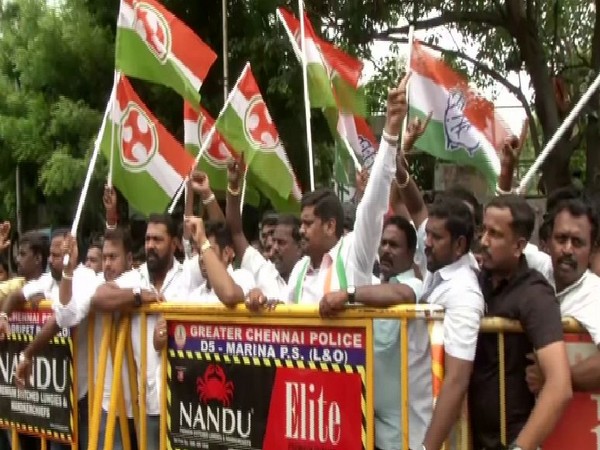 Congress workers protest in Chennai against P Chidambaram's arrest on Thursday. Photo/ANI