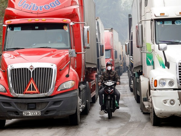 Stranded container trucks at Huu Nghi border gate connecting with China, in Lang Son province. (Photo Credit - Reuters)