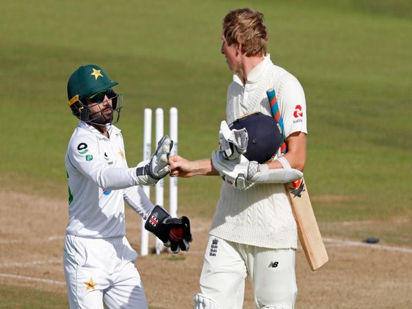 Pakistan's Mohammad Rizwan congratulating Zak Crawley on scoring 267 in the third Test. (Photo/ICC Twitter)