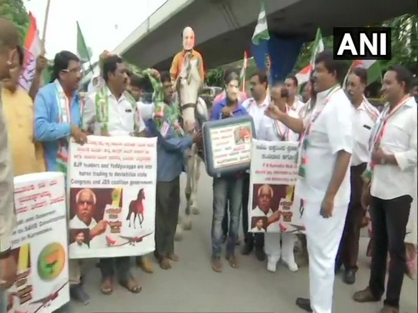 Congress-JDS workers staging protest in Bengaluru, Karnataka, on Monday. Photo/ANI