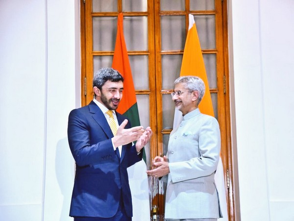 UAE Foreign Minister Sheikh Abdullah bin Zayed Al with External Affairs Minister S Jaishankar in New Delhi on Monday. (Picture credits: Raveesh Kumar/Twitter)
