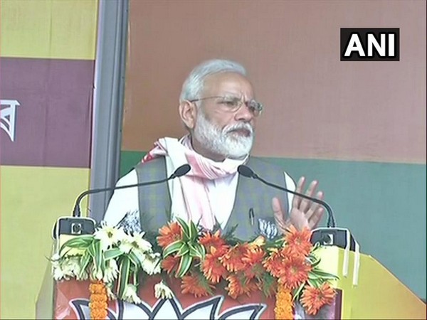 Prime Minister Narendra Modi addressing an election rally at Dibrugarh, Assam on Saturday. Photo/ANI