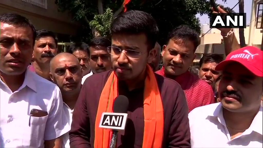 Tejasvi Surya speaks to media in Bengaluru on Tuesday. [Photo/ANI]