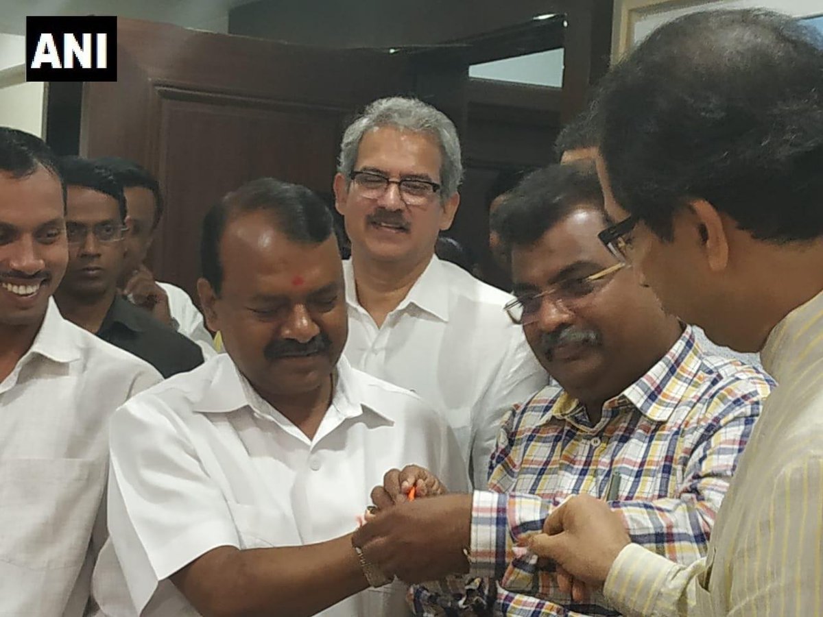 Rajendra Gavit (with the tilak on forehead), BJP’s sitting MP from Palghar Lok Sabha seat, joined Shiv Sena on Tuesday. Photo/ANI