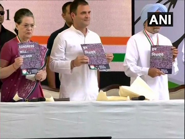 Senior Congress leaders at the release of party's manifesto on Tuesday in New Delhi. Photo/ANI