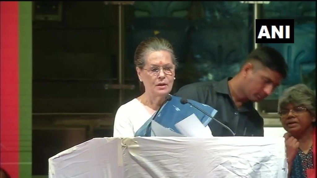 UPA chairperson Sonia Gandhi addressing a meeting in Delhi on Saturday. Photo/ANI
