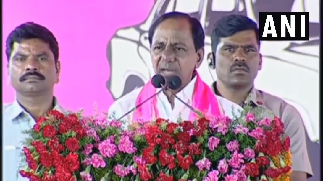 K Chandrasekhar Rao addressing a rally in Vikarabad on Monday