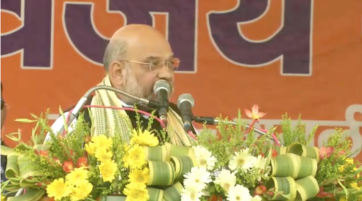BJP president Amit Shah addresses a rally in Raigarh, Chhattisgarh on Thursday. 
