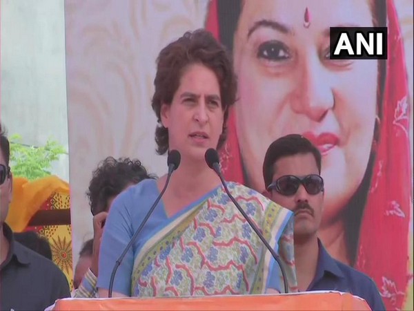 Congress general secretary Priyanka Gandhi Vadra addressing an election rally in Pratapgarh on Thursday. Photo/ANI