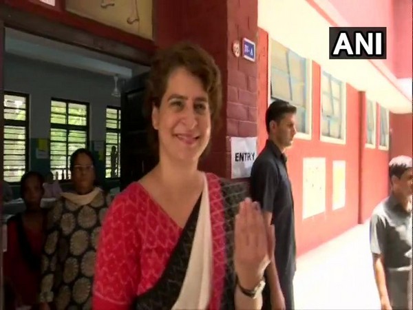 Priyanka Gandhi after casting vote at a polling booth in New Delhi on Sunday. Photo/ANI